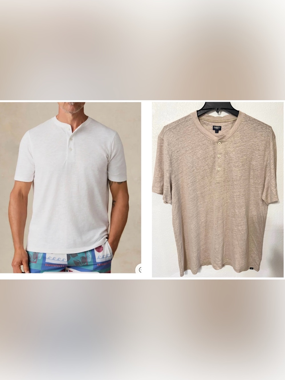Faherty Short Sleeve Henley Tee in Beige and Off-White